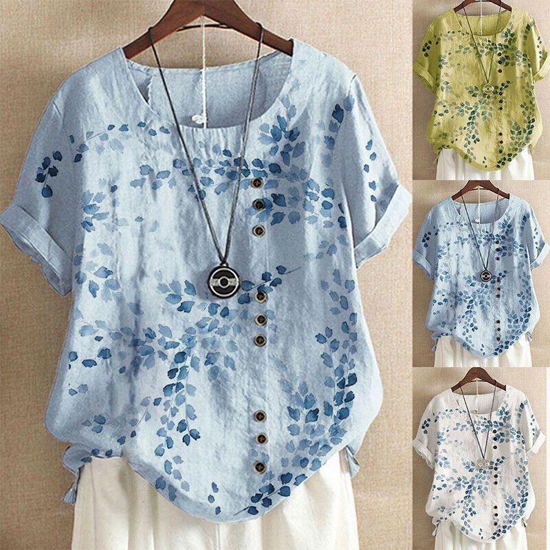 Women's Cotton Linen Floral Blouse With Short Sleeves For Summer Comfort