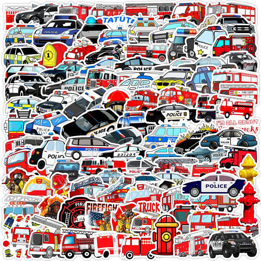 100 Cartoon Fire Truck Graffiti Stickers Notebook Mobile Phone Case Car Waterproof Decorative Stickers