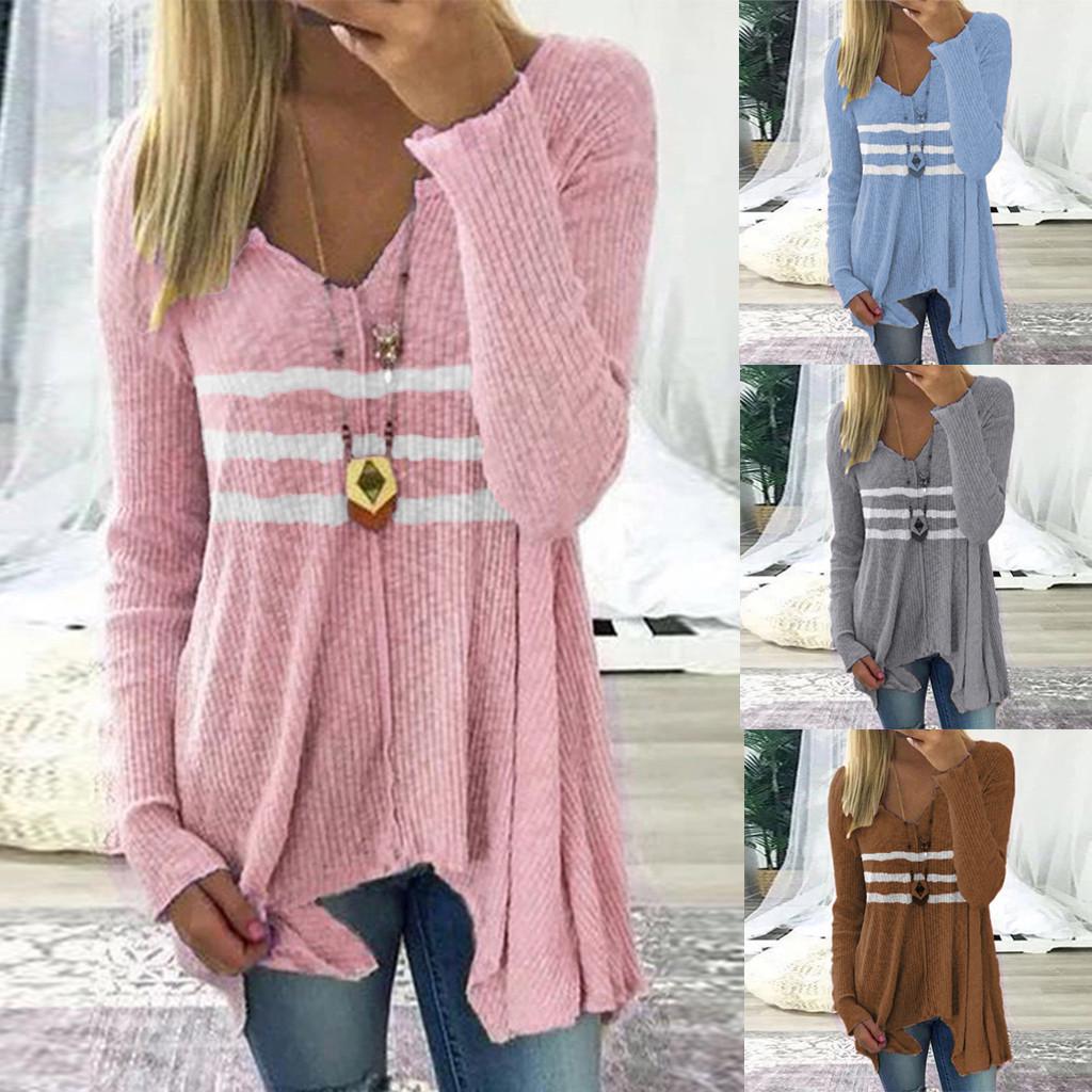 

Women Casual Striped V-Neck Long Sleeve Irregularity Knit Top Blouse Sweater