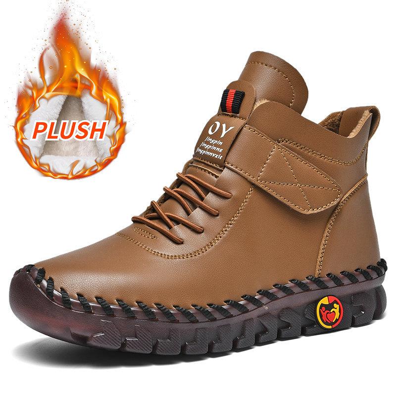 Winter Hand-stitched Women Boots Fur Plus Velvet Warm Platform Ankle Boots Red Leather Boots Women's Anti Slip Mom High Top Boot