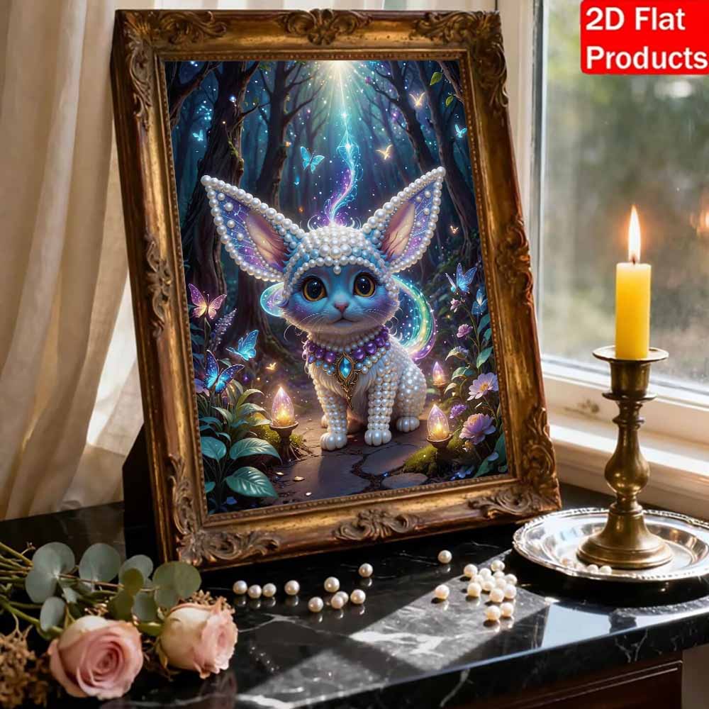 5D White Cat Pearl Wall Art Kit 30x40cm Frameless DIY Pearl Diamond Painting Floral Gem Art for Living Room/Bedroom Home Wall Decor