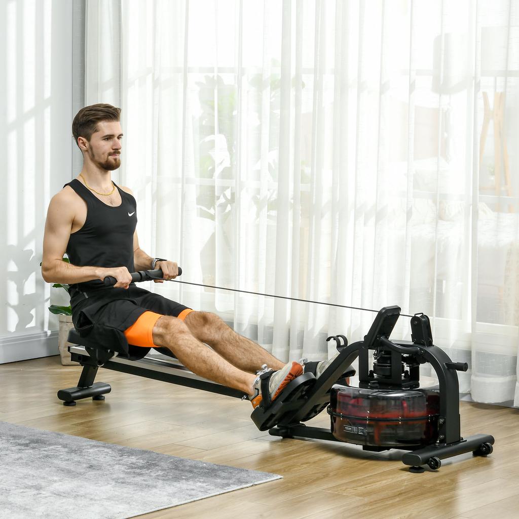 Water Rowing Machine, Indoor Foldable Rower, 6 Resistance Levels, LCD Screen, Black PC Steel