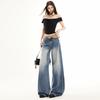 Spring Summer Vintage Cat Whisker Relax Straight Floor Wide Leg Long Denim Pants For Women Casual Pants Oversize Denim Trousers