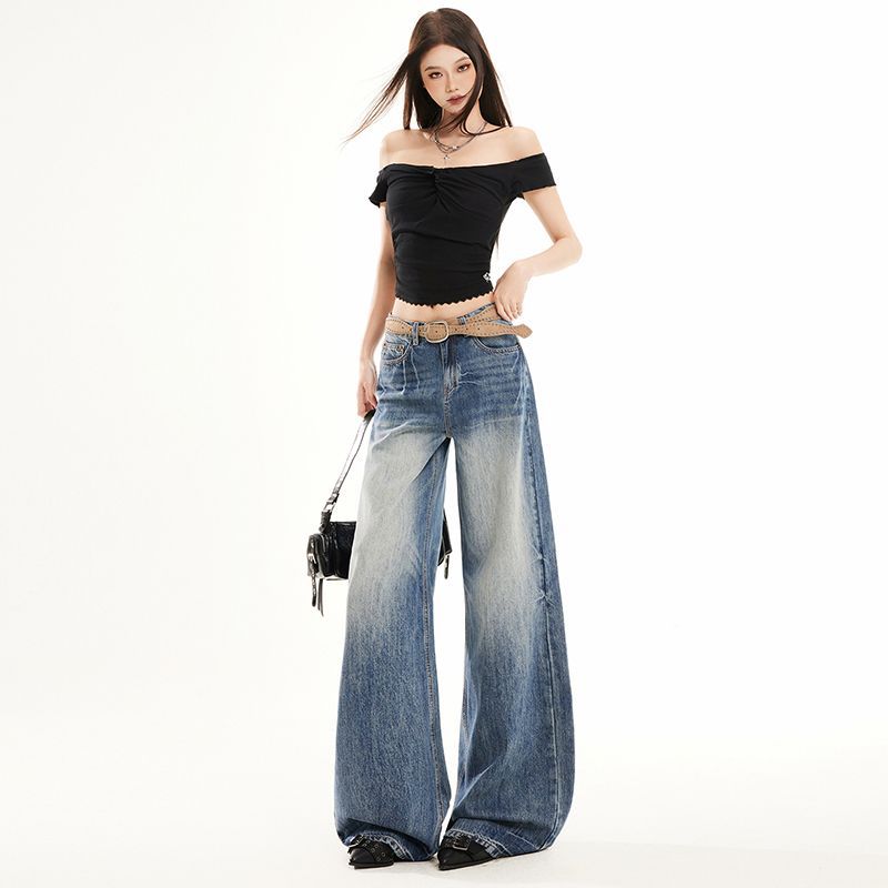 Spring Summer Vintage Cat Whisker Relax Straight Floor Wide Leg Long Denim Pants For Women Casual Pants Oversize Denim Trousers