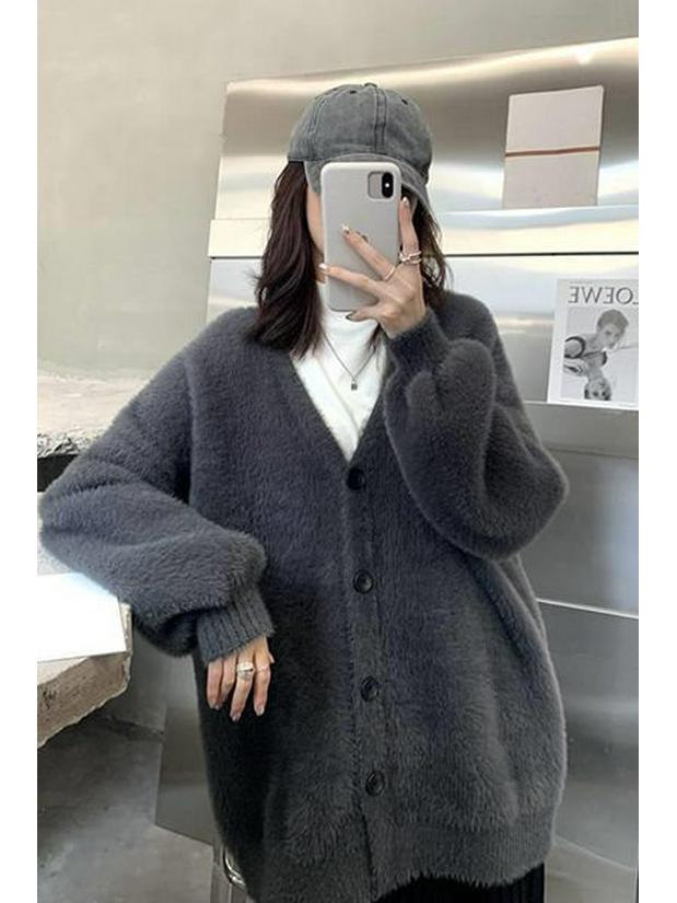 Dámský pletený kardigan z norkového rouna v korejském stylu - Volný, plyšový šálový svetr kabát