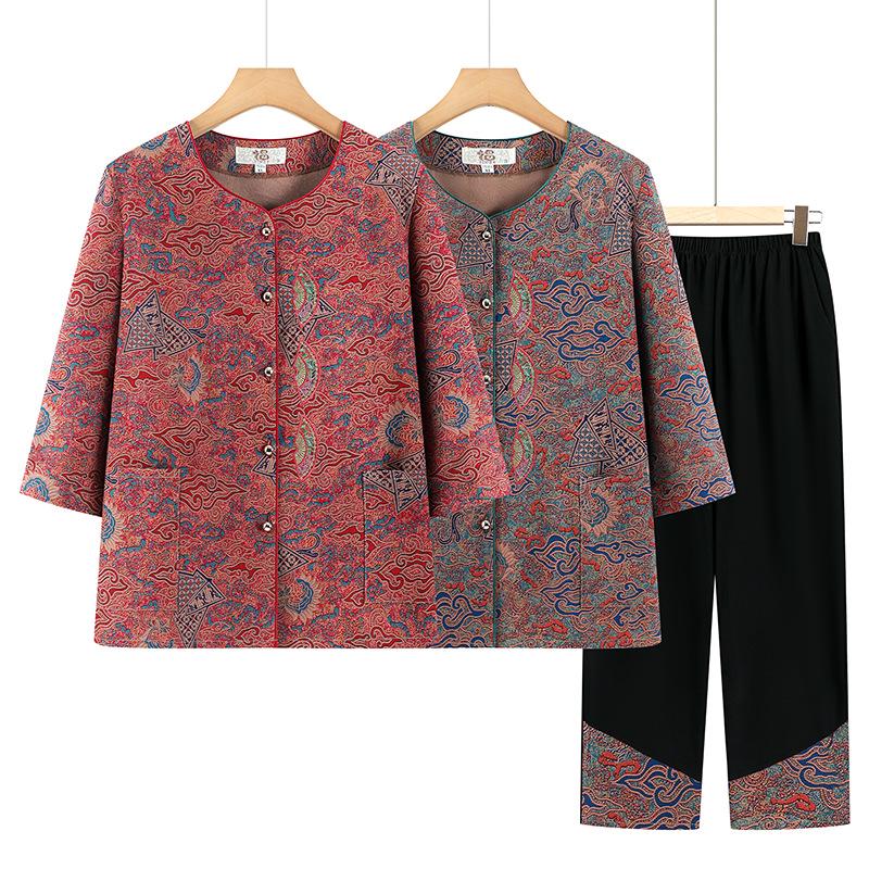 Chic Grandma Summer Seven-Sleeve Top Two-Piece Set - Chinese Style Fashion for Middle-Aged & Elderly Women