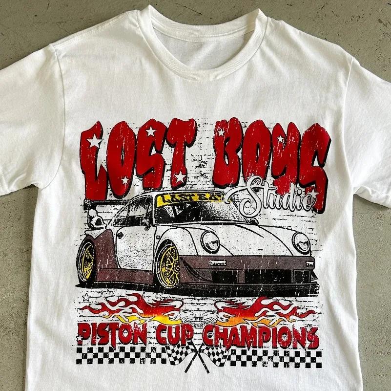 T-shirt à manches courtes en coton imprimé lettres de course rétro américain pour hommes Y2k tendance mode hip hop Harajuku couple décontracté haut ample