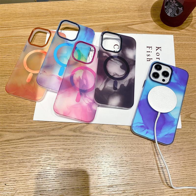 Luxury Watercolor Phone Case for iPhone 14 Plus Magnetic Cases Matte Marble Magnetic Transparent Cover for iPhone 13  14 Pro Max