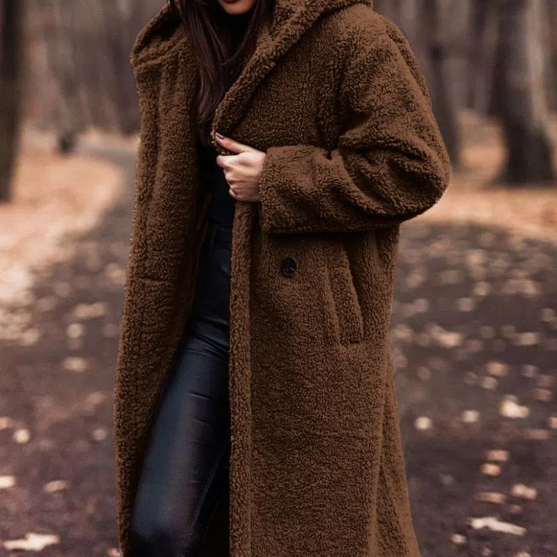 

Женское длинное шерстяное пальто осень-зима 2025 - Модное однотонное пальто средней длины с длинным рукавом S коричневый