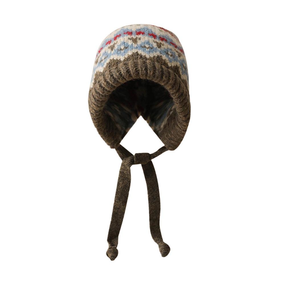 Wind-Resistant Pullover Bonnets With Strap Earmuffs Pile Cap Fashion Jacquard Knitting Hat