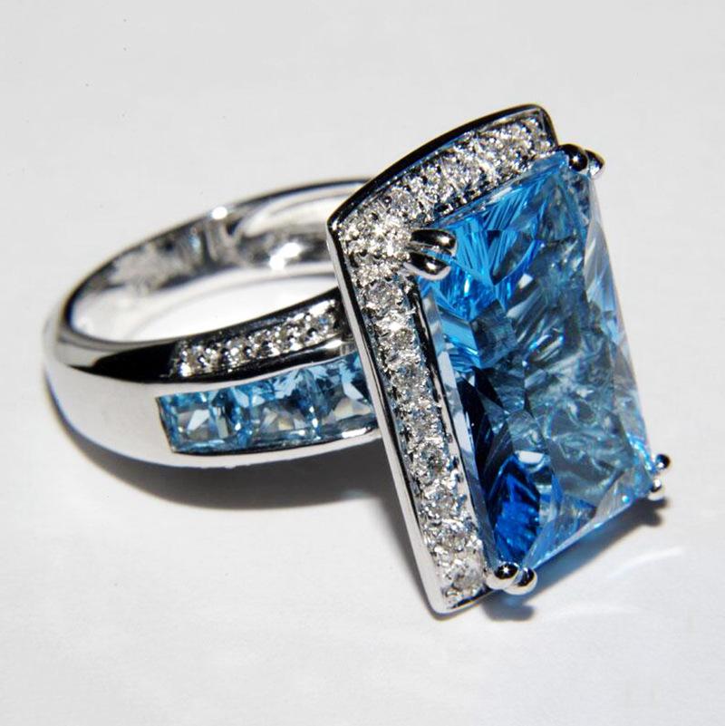 Temperament Sea Blue Zircon Full Diamond Color Treasure Opening Ring Female  Stamp Fashion Wedding Party Jewelry Gift