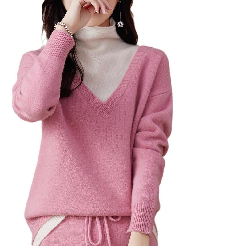 Color-Block Women's Wool Two-Piece Set: High Neck Sweater & Wide-Leg Pants with Faux Collar, Autumn/Winter 2023 Collection