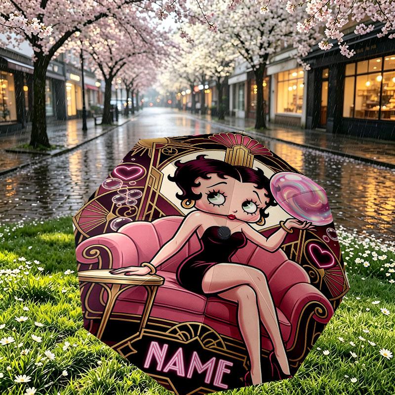 Spersonalizowany Parasol z Nadrukiem Betty Boop z Imieniem, Automatyczne Otwieranie i Zamykanie, Wytrzymały Stelaż z 8 Żebrami, do Codziennego Użytku, na Kemping i Piesze Wycieczki, Prezent Urodzinowy