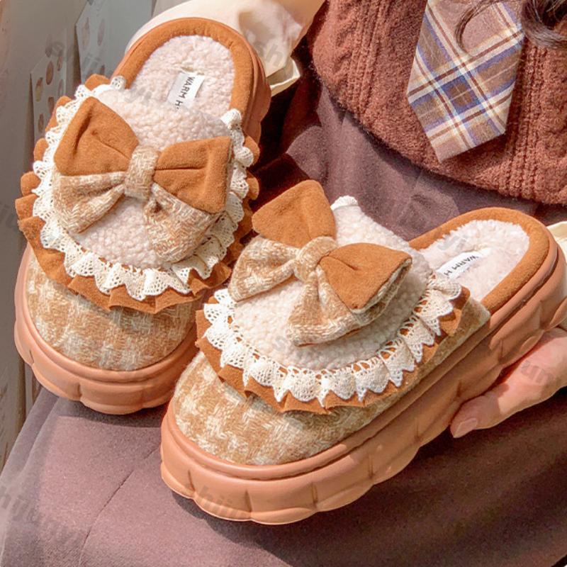 Fashion Woman Retro Fashion Bow Cotton Slippers Female Autumn Winter Indoor Home Slippers Winter Warm Soft Plush Girls Cotton Footwear