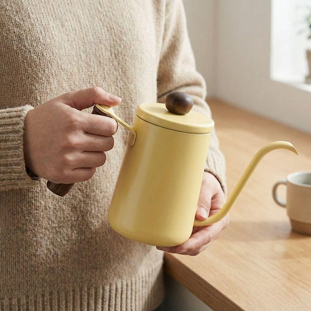 600ML Pour Over Coffee Kettle Wood Handle Stainless Steel Goose Neck Coffee Pot Anti-scald with Scale Hand Brewing Kettle Cafe