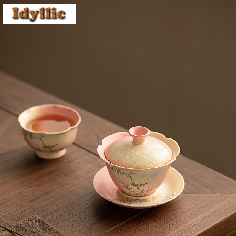 150ml Crystal Glaze Flower And Bird Gaiwan Creative Tea Tureen Tea Bowl With Lid Kit Tea Brewing Cover Bowl For Tea Decoration