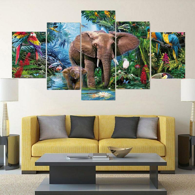 5Panels Tropical Jungle Plant and Animal Landscape Canvas Painting Posters and Prints Wall Art Home Decor for Kids Room No Frame
