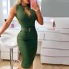 Moda Roupas Femininas Verão Elegante Gola Redonda Botão Sem Mangas Cinto Casual Vestido Midi Cintura Média Slim Vestido A-line