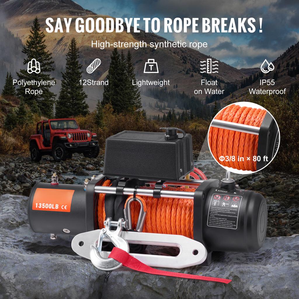 SucceBuy 13500lbs Electric Winch Car Truck Winch with 80ft Synthetic Rope Wireless & Wired Remote Control for Towing Off-Road