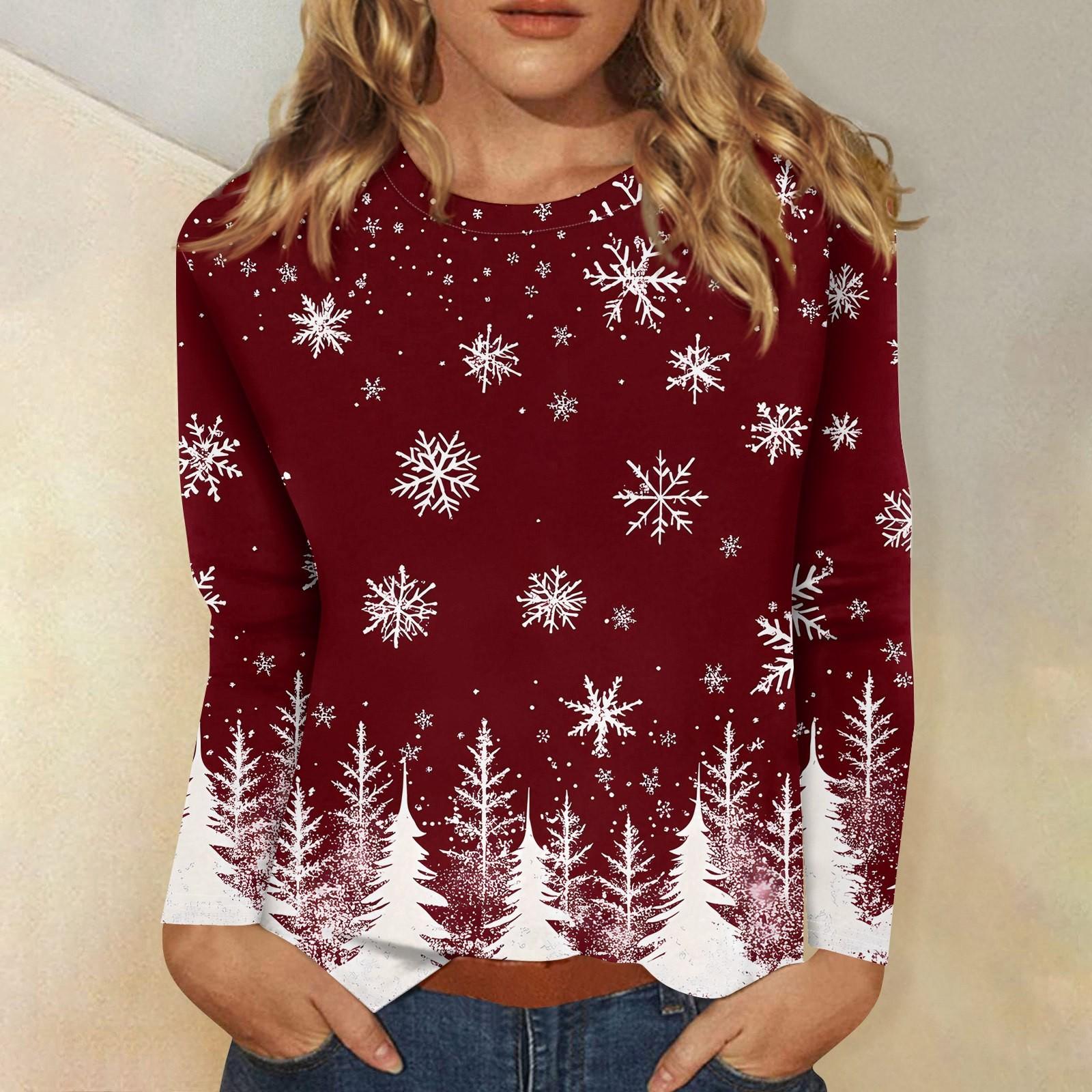 

Женская мода повседневный рождественский принт круглый вырез длинный рукав пуловер топ XL винный