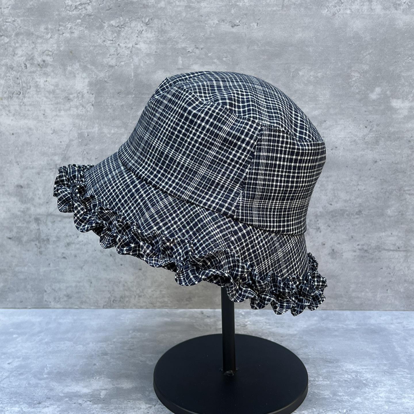 

Sweet Sister Plaid Control~ Plaid Lace Bucket Hat Women S Autumn Face Small Sunshade Sunscreen Pot Hat Design Sense M（56-58cm）