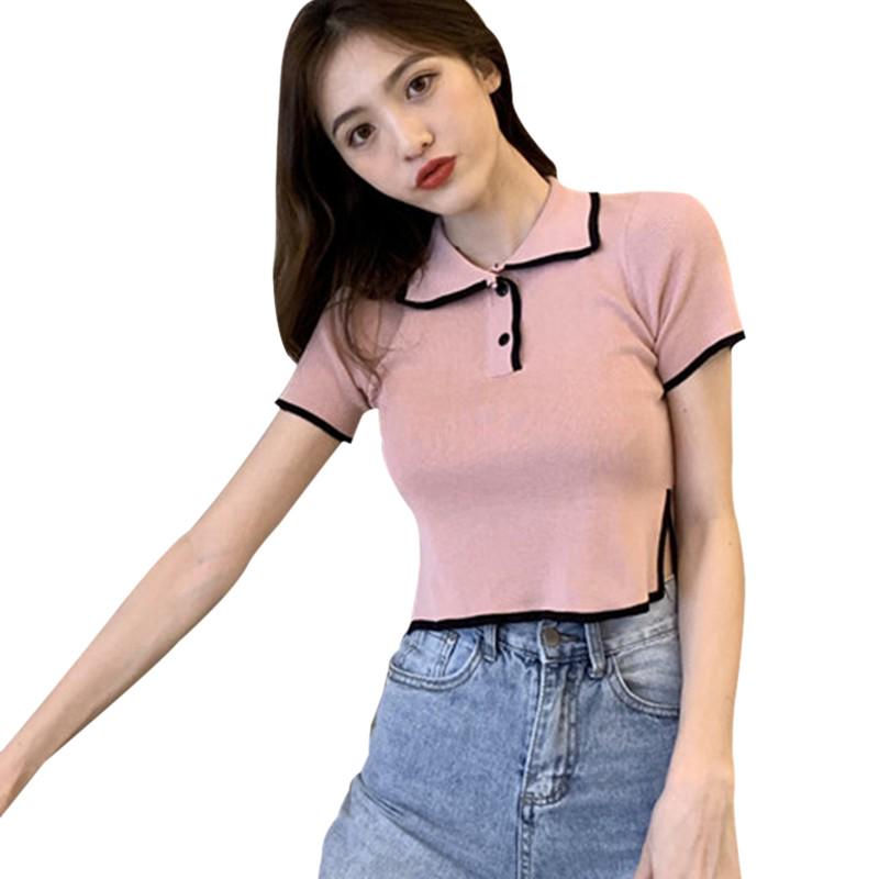 Women Knit Solid Color Top Fashion Turn-down Collar Short Sleeve Button Top T-shirts Woman Casual Slim T Shirt