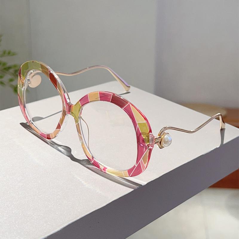 Óculos Redondos Vintage com Pérolas Mulheres Chique Oversized Bloqueio de Luz Azul Armações Ópticas Design de Marca Tendência Óculos