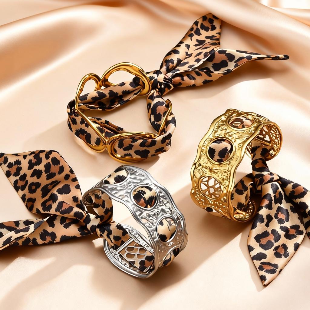Retro Adjustable Stainless Steel Cuff Bracelet for Women, Leopard Printed Silk Scarf Open Bracelet, Popular Jewelry for Women