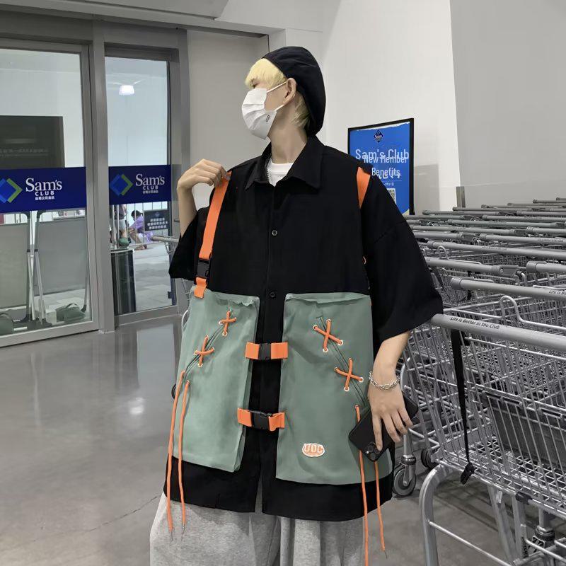 

Рубашка унисекс в стиле ретро с короткими рукавами в уличном стиле — европейский и американский летний тренд в Гонконге M чёрный