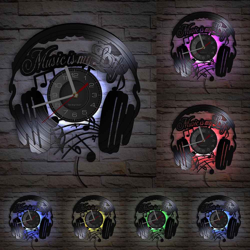 Music Is My Life Music Inspirational Quote Home Decor Music Headphone Wall Clock Rock n Roll Vintage Vinyl Record Wall Clock