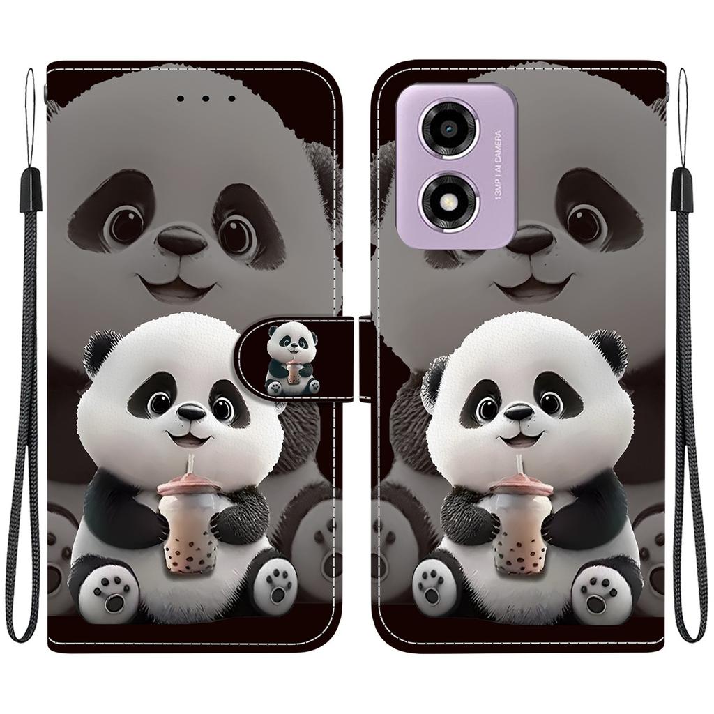 Handmade PU Leather Flip Case for Motorola Moto G04s / Moto E14 Anti-Slip Shockproof Cover with Wrist Strap & Heart/Rose Cat Designs