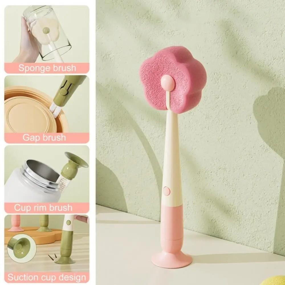Suction Cup Base Three-in-One Cleaning Brush Removable Long Handle Mug Cleaning Scrubber Multifunctional Washer