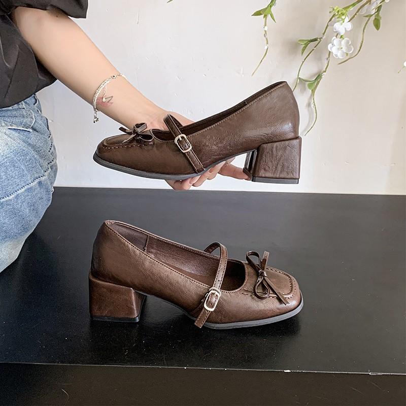 Fashion Bow Women's Mary Jane 2025 New French Brown High Heel Temperament Single Shoes