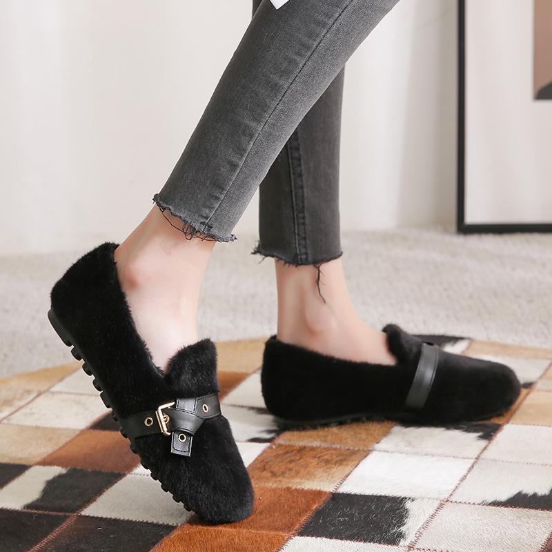 Fashion Mink Fur moccasins femme bow-knot belt buckle fleeces flats woman winter shoes women sneakers warm plush loafers big size 34-43