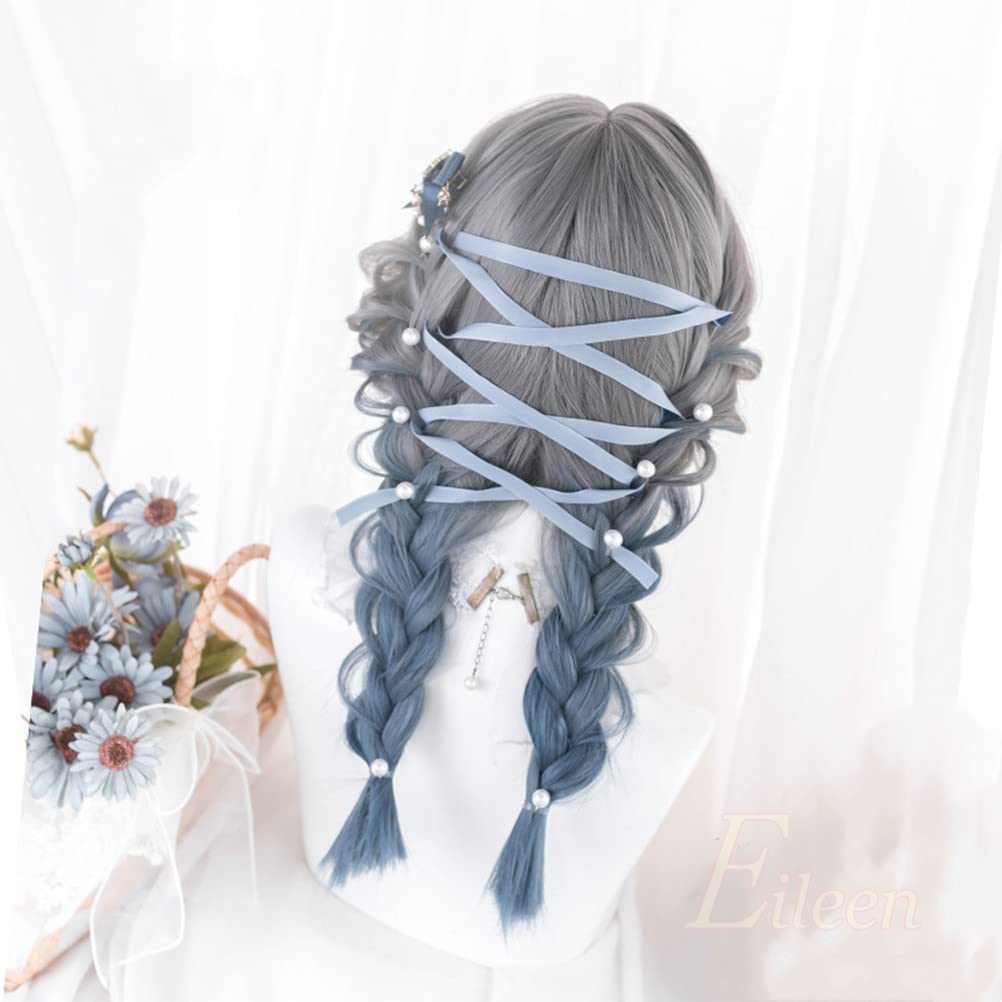 Eileen Blue Gray Medium Long Full Wig Wig Straight Natural Harajuku Style Popular Small Face Effect Cute Medical Women's