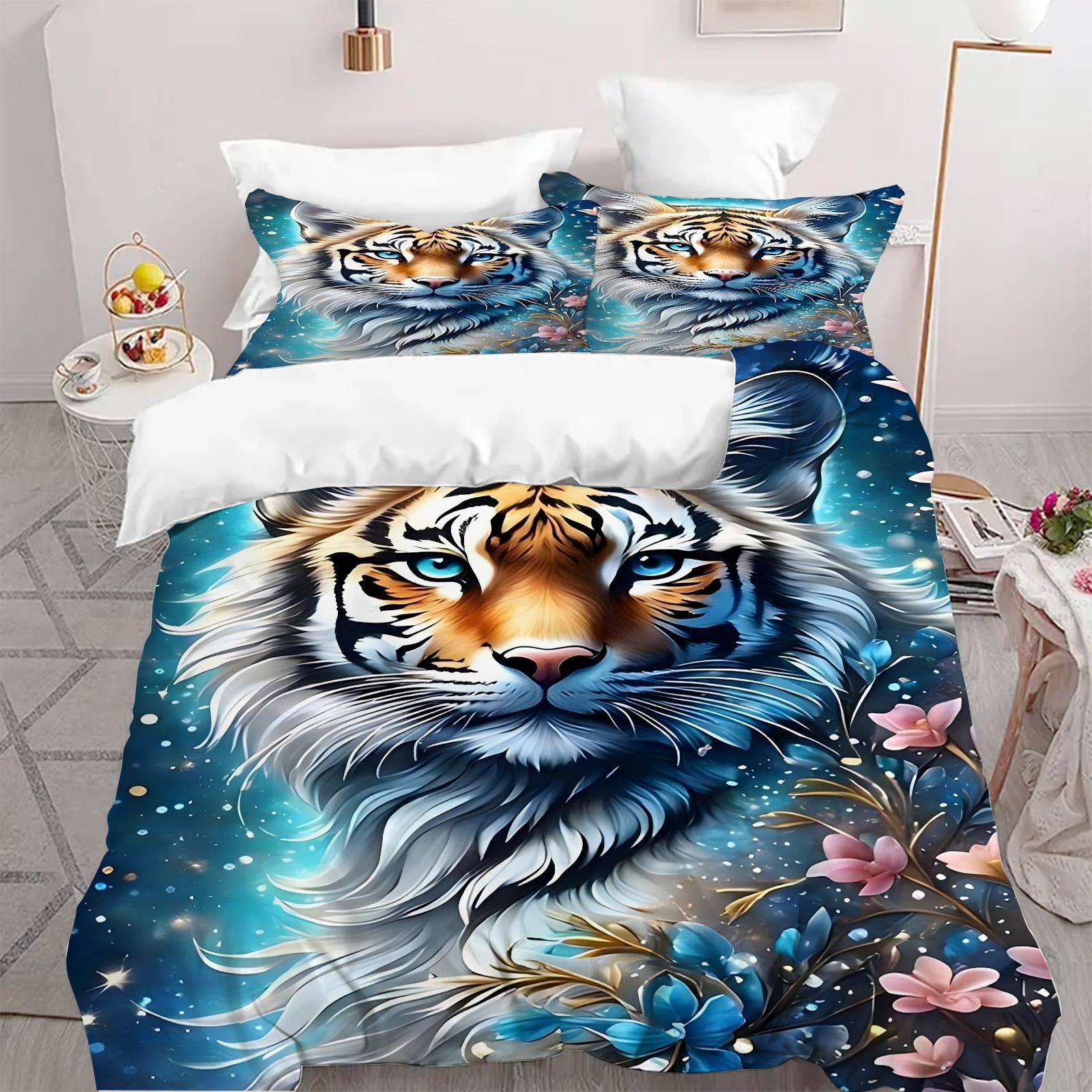 

Ретро Лесной Тигр 3D Печатный Пододеяльник Наволочка Синий Золотой Цветочный Комплект Постельного Белья Для Детей Подростков Взрослых Пододеяльник Дикая Природа EU single(135x200cm)
