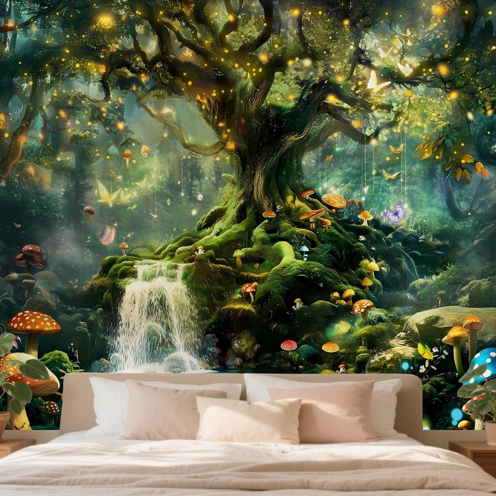 Tree Of Life Tapestry,Boho Design With Golden Tree,Moon Stars And Feathers On Black Background Print Wall Hanging For Home Decor