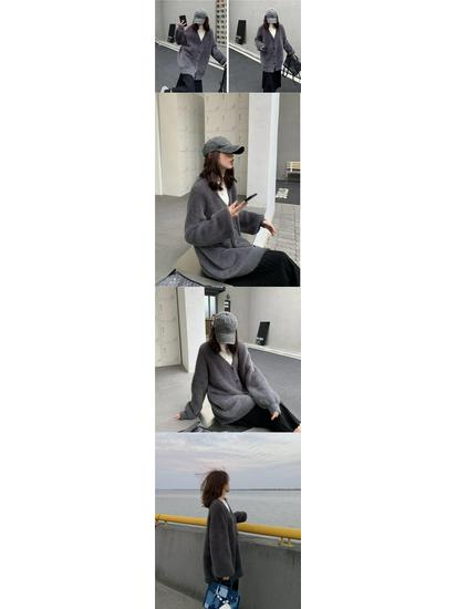 Dámský pletený kardigan z norkového rouna v korejském stylu - Volný, plyšový šálový svetr kabát