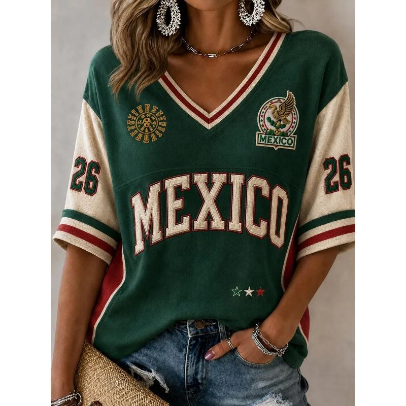 Women s Mexico Football Printed Mid-length Sleeves V-Neck T-Shirt Football Cultural T-shirt S