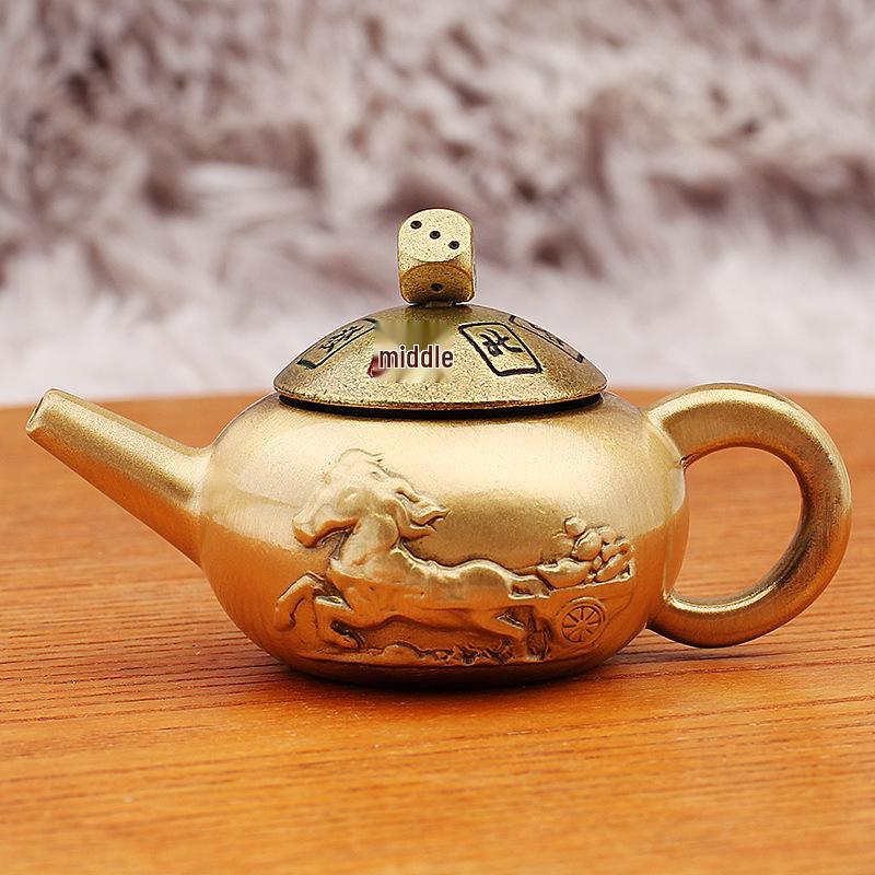Brass Gold Mahjong Teapot with Red Rope Handle