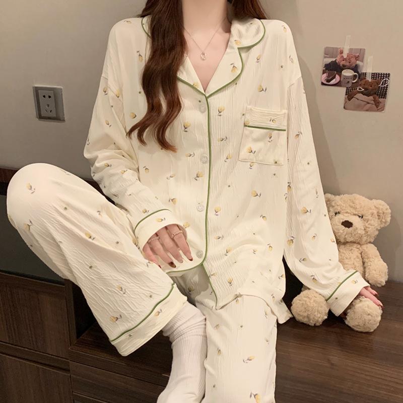 Girl Sweet Long-Sleeved Pajamas Women'S Spring Bow Trousers Lazy Loungewear Can Be Worn Outside Set