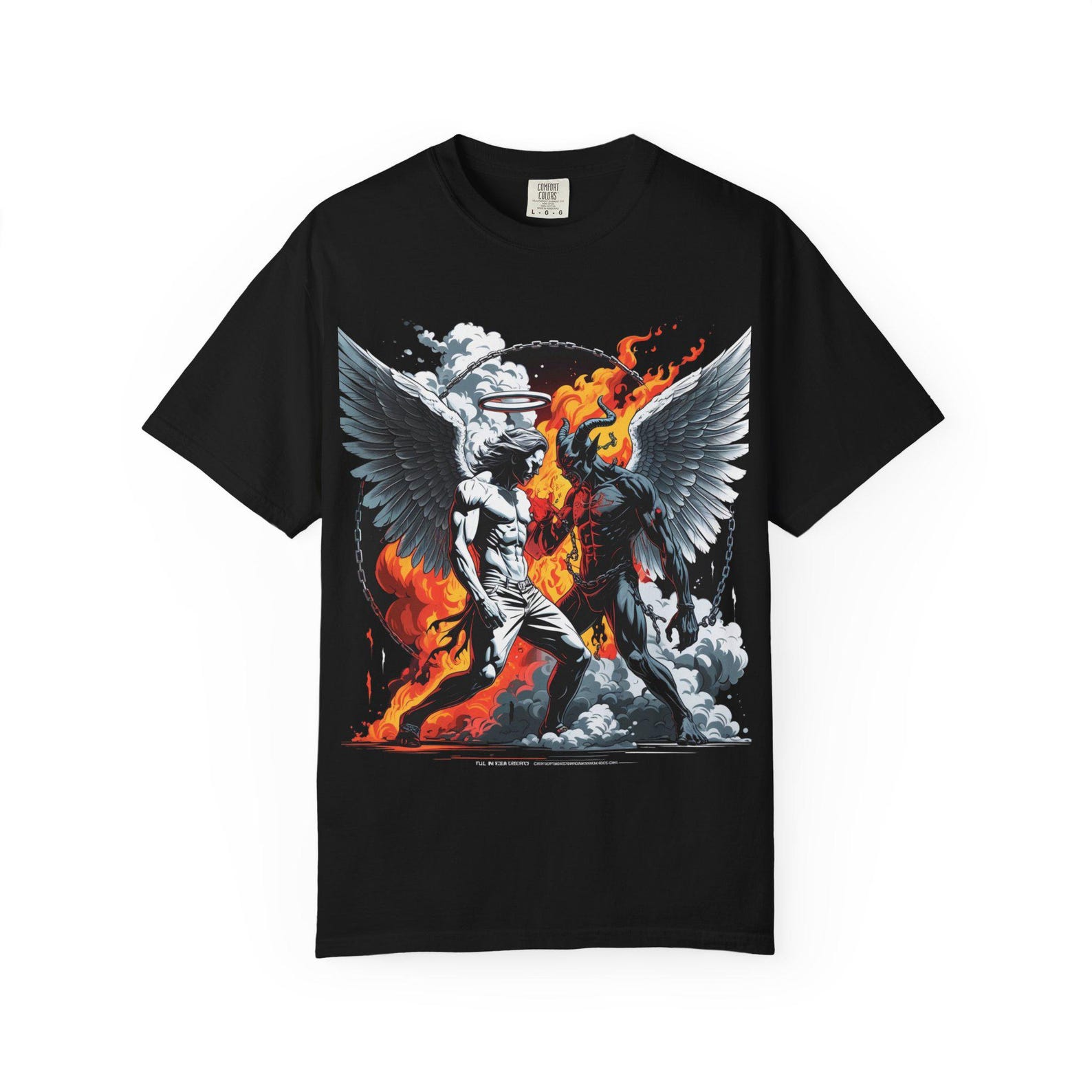 Fallen Angel vs Devil T-Shirt | Winged Figure, Fire and Smoke Illustration S