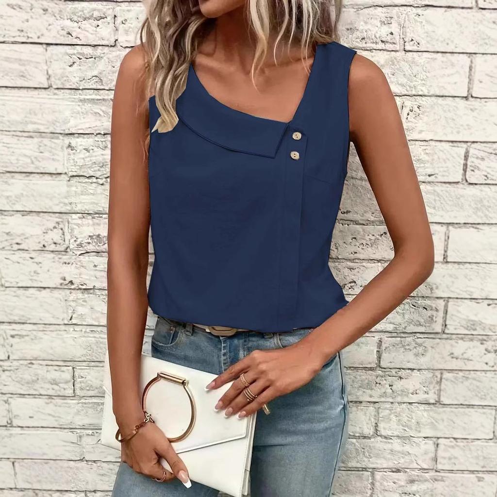 2026 New Women's Casual Slant Collar Sleeveless Regular Pullover Multicolor Women's Tops T-Shirt