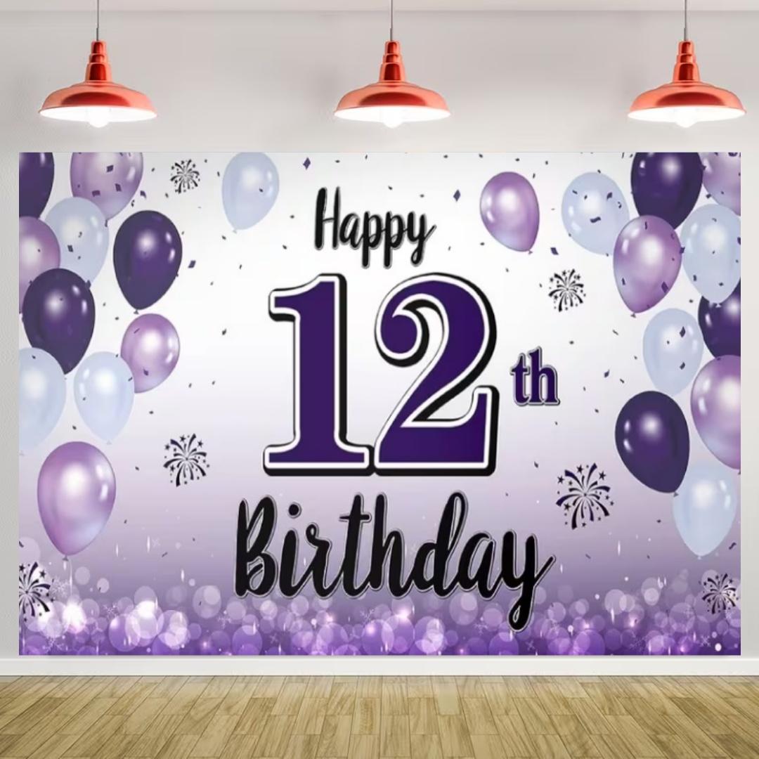 

Happy 12th Birthday Banner Black Gold Balloon Background Party Decoration Boys Girls Birthday Photography Backdrop Kids Gifts 120x90cm