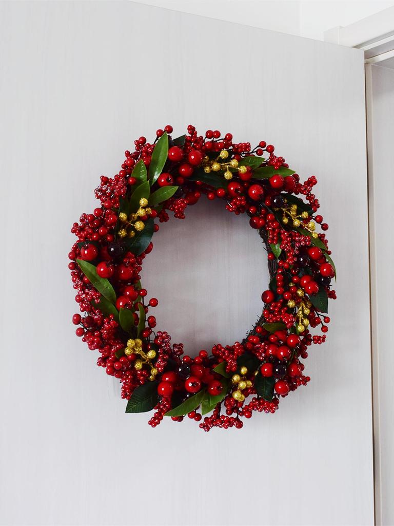 Handmade Christmas Wreath with Red Berries & Green Leaves on Steel Ring for Door Decoration