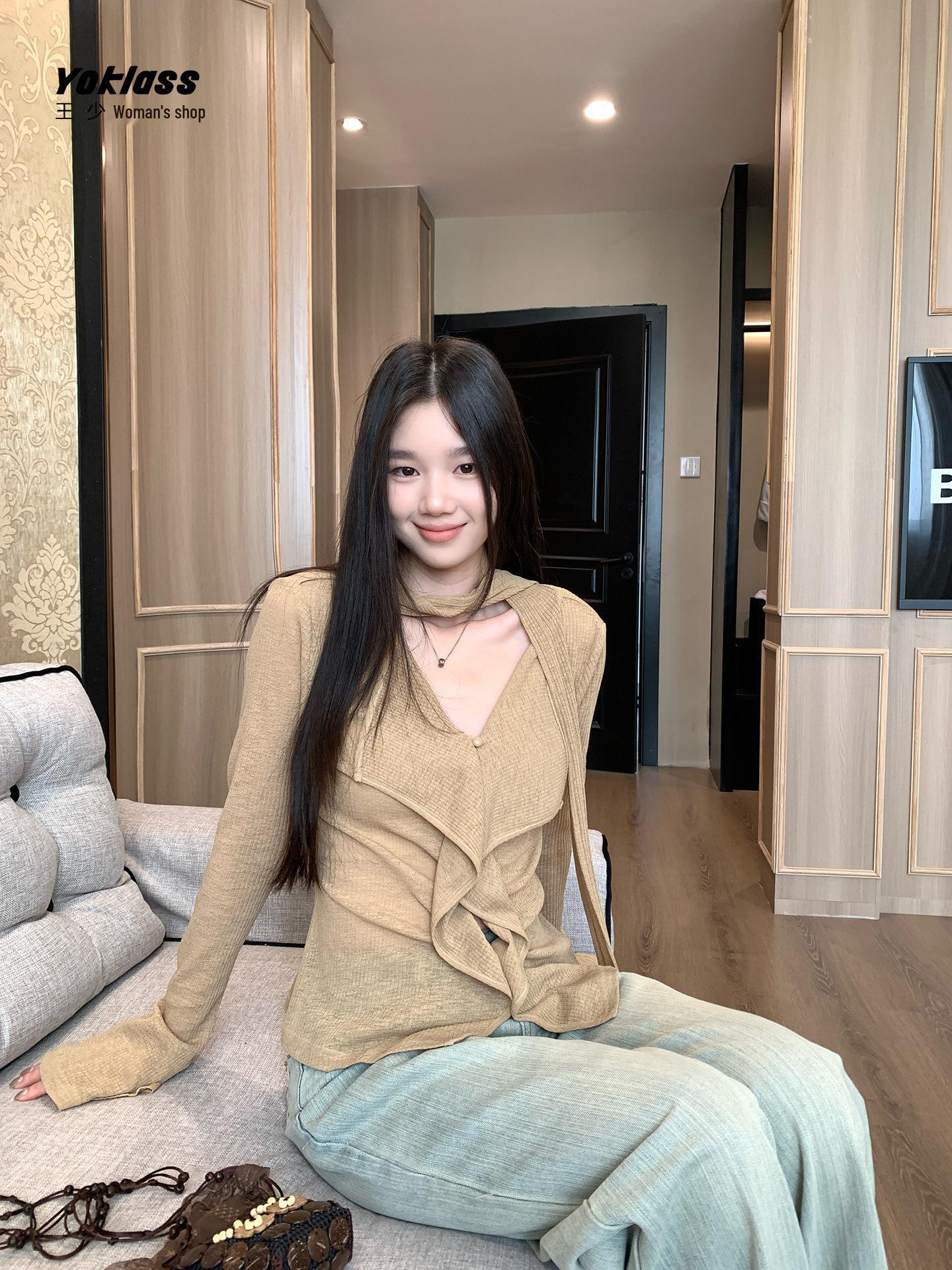 

Women s V-Neck Ruffle Knit Sweater - High-End Korean Style, Long Sleeve, Autumn Fashion, Versatile & Trendy Small жёлтый/закат