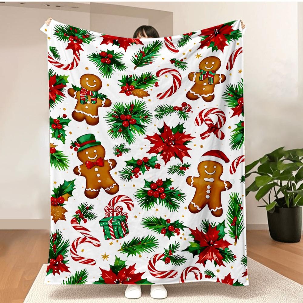 Merry Christmas Blanket Christmas Tree Gingerbread Man Red Flannel Blanket for New Year Christmas Gift for Family Nana Mon Dad