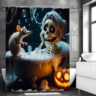 Halloween Skeleton Bathtub Mouse Shower Curtain, Bathroom Decorative Shower Curtain, Waterproof Shower Curtain with Hooks