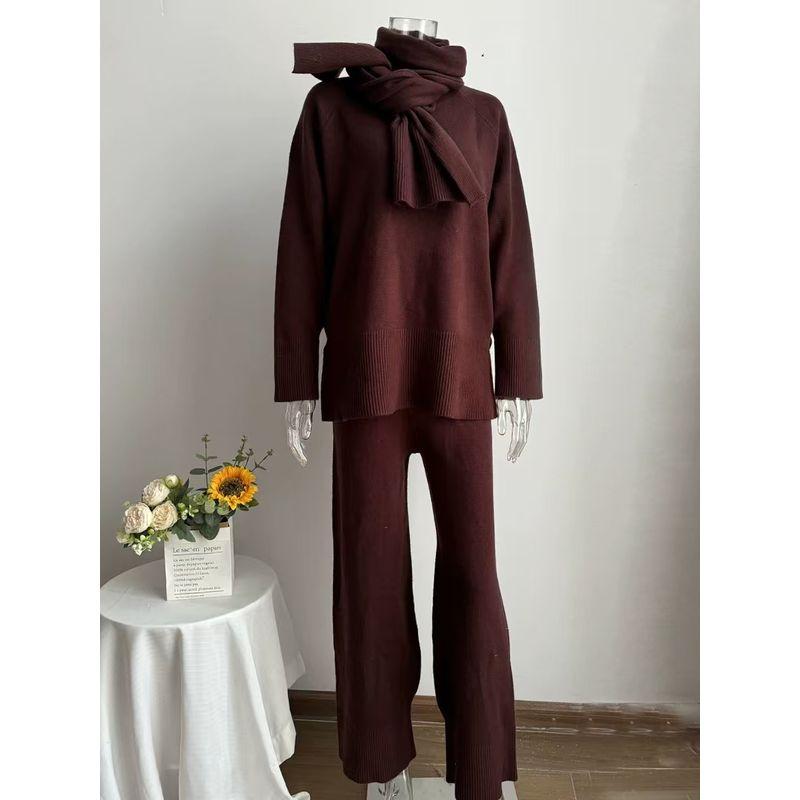 

Fashion Loose Knitted Sweater Pants with Scarf Suit Knited Sweater and Pants Set Brown All yards