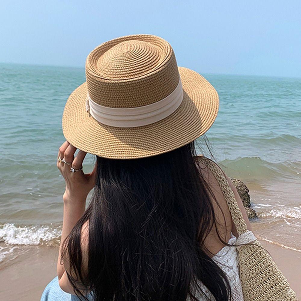 Wide Brim Straw Woven Hat Flat Brim Women's Sun Hat Retro Sunscreen Bucket Hat  Ladies